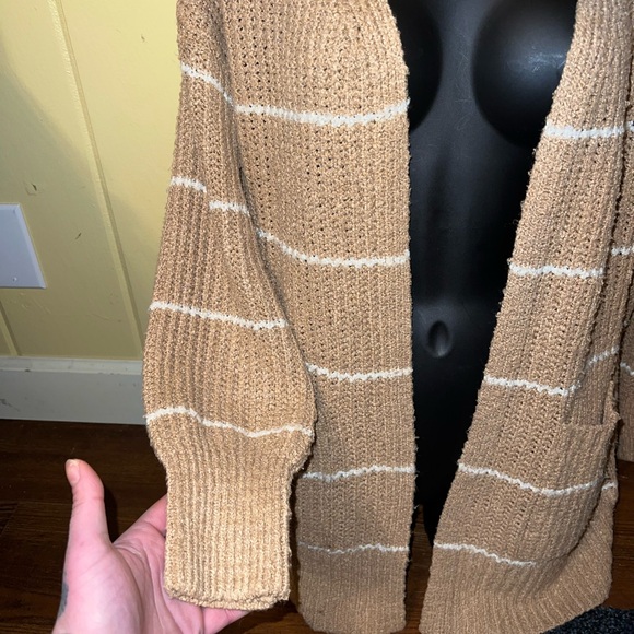 Pink Rose Tan & White Sweater Knit Long Sleeve Cardigan Open Front Size S - Picture 4 of 14